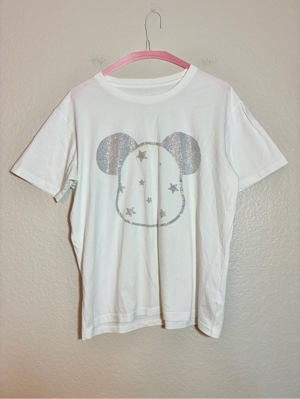 K-Soeur White Rhinestone Mouse Graphic T-Shirt Women's Medium Cute Tee Casual